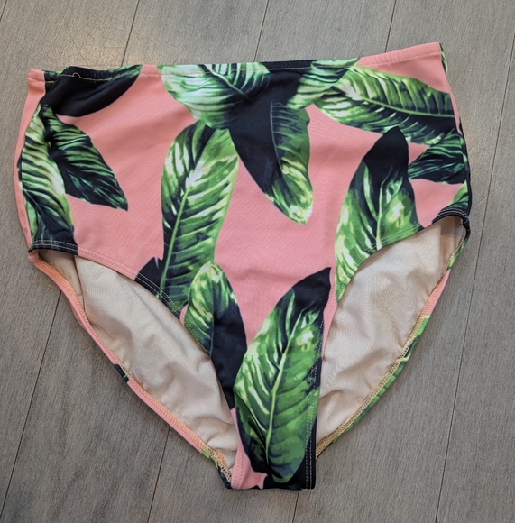 Albion Black and White Striped Bikini Top with Pink and Green Leaf Bottoms - Picture 3 of 9